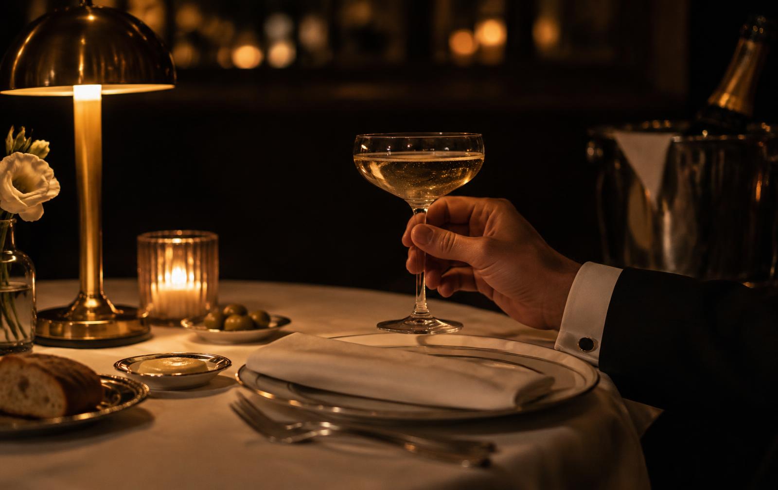 A hand holding a champagne coupe at a candlelit table